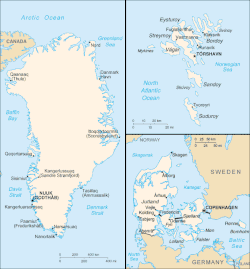 Clockwise from top left (sizes not to scale): maps of Greenland, the Faroe Islands, Denmark