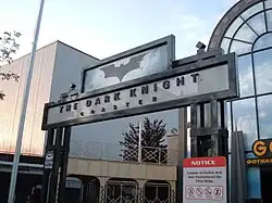 A photograph of the entrance to The Dark Knight Coaster