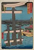 Aki Province: Itsukushima, Depiction of a Festival (Aki, Itsukushima, Sairei no zu) from Famous Views of the Sixty-odd Provinces by Hiroshige