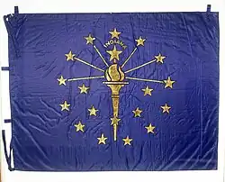 The first Indiana flag after adoption to be used by the state government. This flag was created by Paul Hadley to be used at the Indiana Statehouse in 1923.[23]