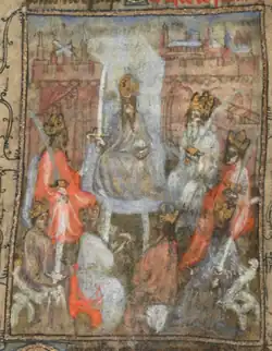 The king of Java and his seven vassal kings, as imagined in a 15th-century English manuscript containing the accounts of Friar Odoric.