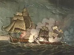A painting of two sailing ships engaged in battle. The battle occurs in darkness. To the right of the frame a small ship is seen with many holes in its sails from cannon fire. To the left of the frame a much larger ship is firing toward the smaller ship.