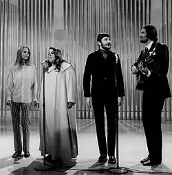 L–R: Michelle Phillips, Cass Elliot, Denny Doherty and John Phillips on The Ed Sullivan Show telecast of June 11, 1967