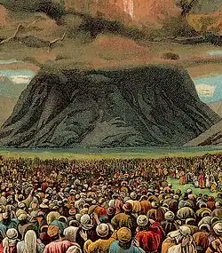 Mass-revelation at Mount Sinai in a Bible card illustration published by the Providence Lithograph Company, 1907