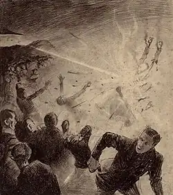 The Martians turn the heat ray on the crowds gathered near the pit, bringing "flaming death" (Henrique Alvim Corrêa 1906)