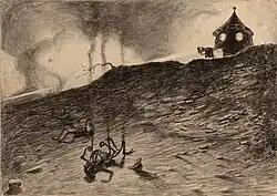 The Martian heat ray incinerates the humans who approached the pit where the cylinder landed (Henrique Alvim Corrêa 1906)