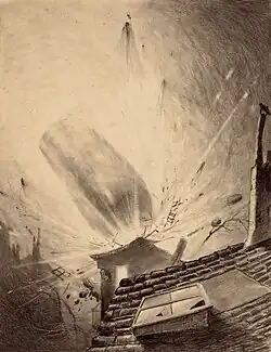 Martian cylinder strikes the house where the narrator and the curate took refuge (Henrique Alvim Corrêa 1906)