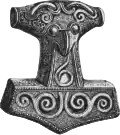 Drawing of a silver-gilted Thor's hammer found in Scania, Sweden