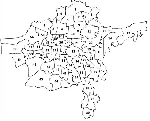 Map showing the boundaries of all the 56 divisions of Thrissur Municipal Corporation, published on 30 May 2025.