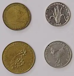 Four coins with the official name of Timor-Leste surrounding various motifs