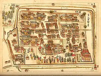 The Chinese traders at Nagasaki were confined to a walled compound (Tōjin yashiki),  1688