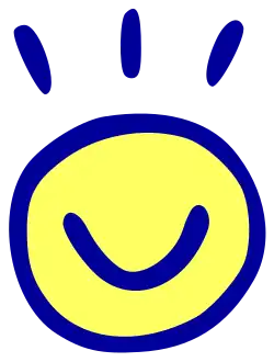 Logo of Toki Pona. It is composed of a circle with three lines emitting from above, with an inscribed smile inside. The outlines are colored navy blue and the circle is filled in with a light yellow.