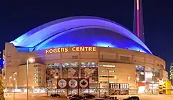 The roof of the Rogers Centre illuminated during the night in 2008.