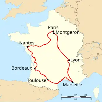 Map of France with the route of the 1903 Tour de France on it, showing that the race started in Paris, went clockwise through France and ended in Paris after six stages.