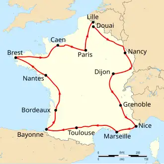 Map of France with the route of the 1906 Tour de France on it, showing that the race started in Paris, went clockwise through France and ended in Paris after thirteen stages.