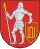 A coat of arms depicting a man in full body armour holding a white spear in his right hand and a red-and-yellow shield in his left hand