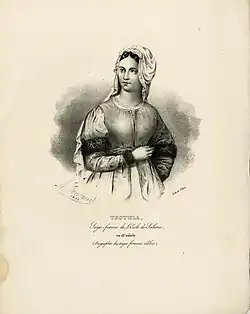 Litograph portrait of Trotula, facing front, wearing a veil and fur armbands