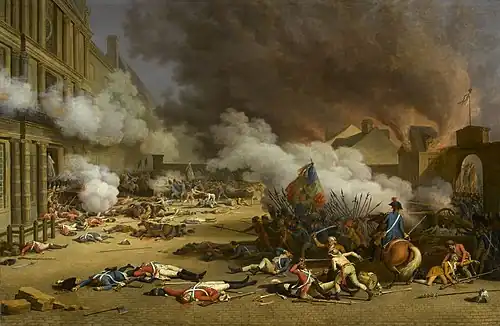 Smoke is billowing throughout the top two-thirds of the picture, dead guards are scattered in the foreground, and a battle with hand-to-hand combat and a horse is in the bottom right.