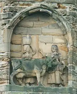 A legend claims that monks carrying the body of Saint Cuthbert were led by a milk maid who had lost her dun cow. They built Durham Cathedral where it was found.[166]