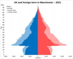 A population pyramid that is fairly symmetrical and widens as it goes down except a dent in the middle, before tapering off and staying fairly even near the bottom.