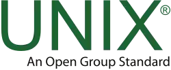 Unix logo with text: UNIX® An Open Group Standard