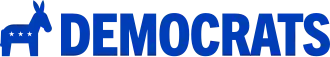 A blue silhouette of a donkey standing next to the word "Democrats"