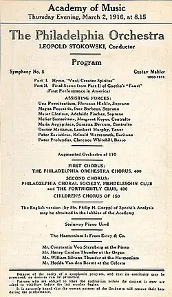 A notice headed "Academy of Music, Thursday Evening, March 1916 at 8.15." It gives details of the programme for the first American performance of Mahler's Eighth Symphony, by the Philadelphia Orchestra under Leopold Stokowski, and lists the solo performers and choirs.
