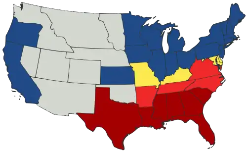 Map of U.S. showing two kinds of Union states, two phases of secession and territories