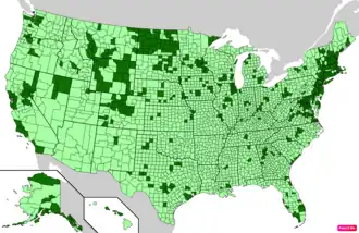Counties in the United States by per capita income according to the U.S. Census Bureau American Community Survey 2013–2017 5-Year Estimates.[285] Counties with per capita incomes higher than the United States as a whole are in full green.