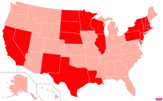 States in the United States by Catholic population according to the Pew Research Center 2014 Religious Landscape Survey.[257] States with Catholic population greater than the United States as a whole are in full red.