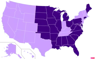 States in the United States by Mainline or Black Protestant population according to the Pew Research Center 2014 Religious Landscape Survey.[257] States with Mainline or Black Protestant population greater than the United States as a whole are in full purple.