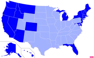 States in the United States by non-Christian (e.g. Non-religious, Jewish, Muslim, Hindu, Buddhist) population according to the Pew Research Center 2014 Religious Landscape Survey.[257] States with non-Christian populations greater than the United States as a whole are in full blue.