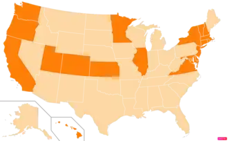 States in the United States by the percentage of the over 25-year-old population with bachelor's degrees according to the U.S. Census Bureau American Community Survey 2013–2017 5-Year Estimates.[284] States with higher percentages of bachelor's degrees than the United States as a whole are in full orange.