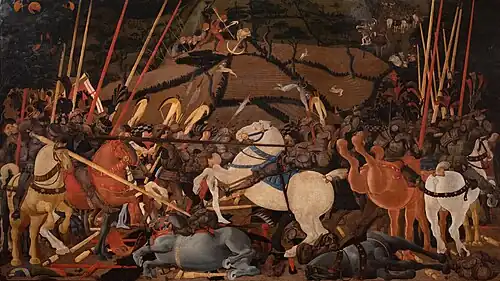 Niccolò Mauruzi da Tolentino unseats Bernardino della Carda[10] at the Battle of San Romano (dating uncertain, c. 1435–1455), tempera on wood, 182 × 320&nbsp;cm, Galleria degli Uffizi, Florence