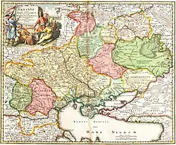 Ukraine - land of the Cossacks. Map "Ukraine or Cossack land with neighboring provinces of Wallachia, Moldavia, and Little Tartary" by Johann Baptist Homann, Nuremberg, 1716