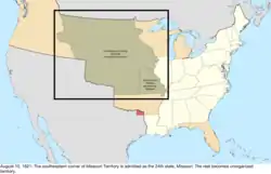 Map of the change to the United States in central North America on August 10, 1821
