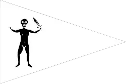 Flag of an unknown pirate crew, described as “a white Pendant at the Topmast-Head, with a naked Man and a Sword in his Hand”[61] and "a white Streamer in the Top-mast, with a naked Man brandishing a Sword".[62]