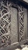 Carving on the Urnes stave church, an example of the Urnes style, Norway