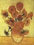 Still Life: Vase with Fifteen Sunflowers (F457), replica of the 4th version (yellow background) Oil on canvas, 100 × 76&nbsp;cm Sompo Museum of Art, Tokyo, Japan.[12]