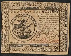 A five-dollar banknote issued by the Second Continental Congress in 1775.