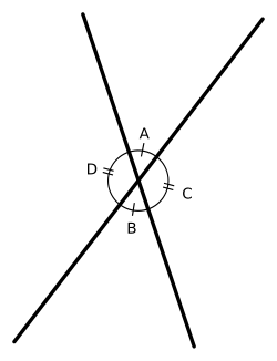 Angles A and B, and pair C and D are two pairs of vertical angles. Hatch marks indicate equality between pairs.​​​
