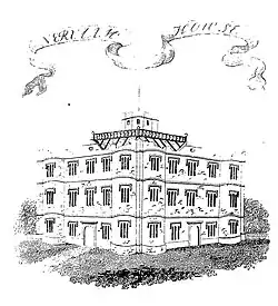 Engraving of a three-storey house with many tall windows & a small rooftop lantern.