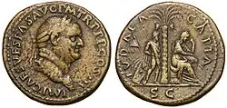 Judaea Capta coin featuring Vespasian and a woman personifying the Jewish people