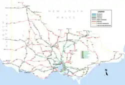 Victorian highway and road network, with significant cities and towns.
