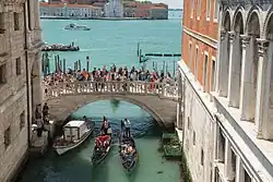 The bridge that stands between the Bridge of Sighs and the Grand Canal, as seen from the Bridge of Sighs itself