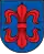 A coat of arms depicting a large, red fleur-de-lis that has a horizontal symmetry axis all on a blue background bordered by a black line
