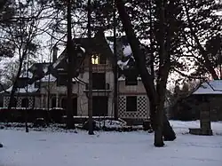 A villa in winter with pines