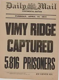 front page of the Daily Mail newspaper. The text" Vimy Ridge Captured 5,816 Prisoners" covers the page in bold text
