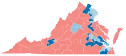 A map of Virginia showing the results of the 2025 Virginia House of Delegates election, with Republican districts in red and Democratic districts in blue, with heavier shading showing which changed parties.