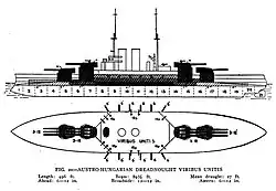 Schematics for this type of battleship; the ships mount four gun turrets, two forward and two aft